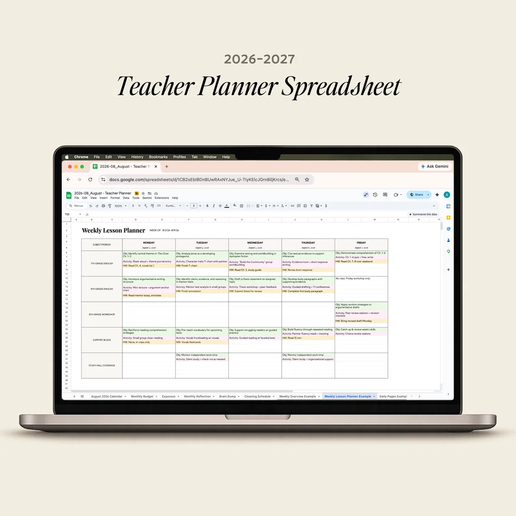 2026-2027 Teacher Planner Spreadsheet: planilla docente digital para todo el año escolar