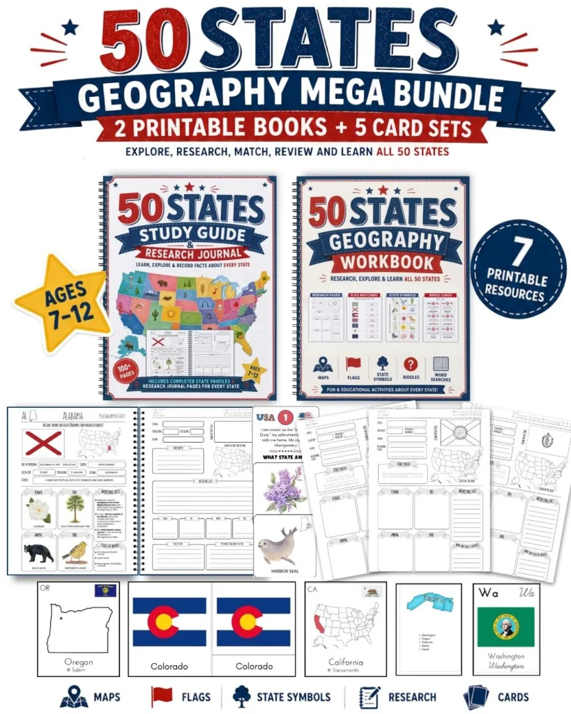 50 States Geography Mega Bundle: programa imprimible de geografía para homeschool