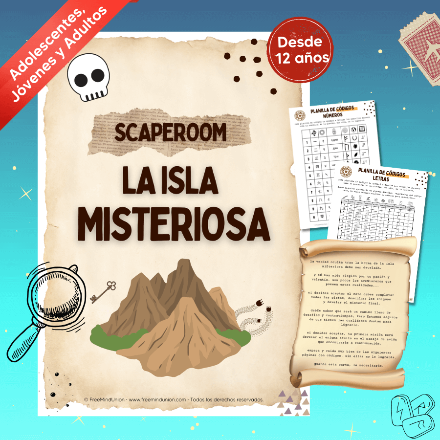 Escape Room La Isla Misteriosa: kit imprimible de 36 páginas y 22 enigmas sin pantallas
